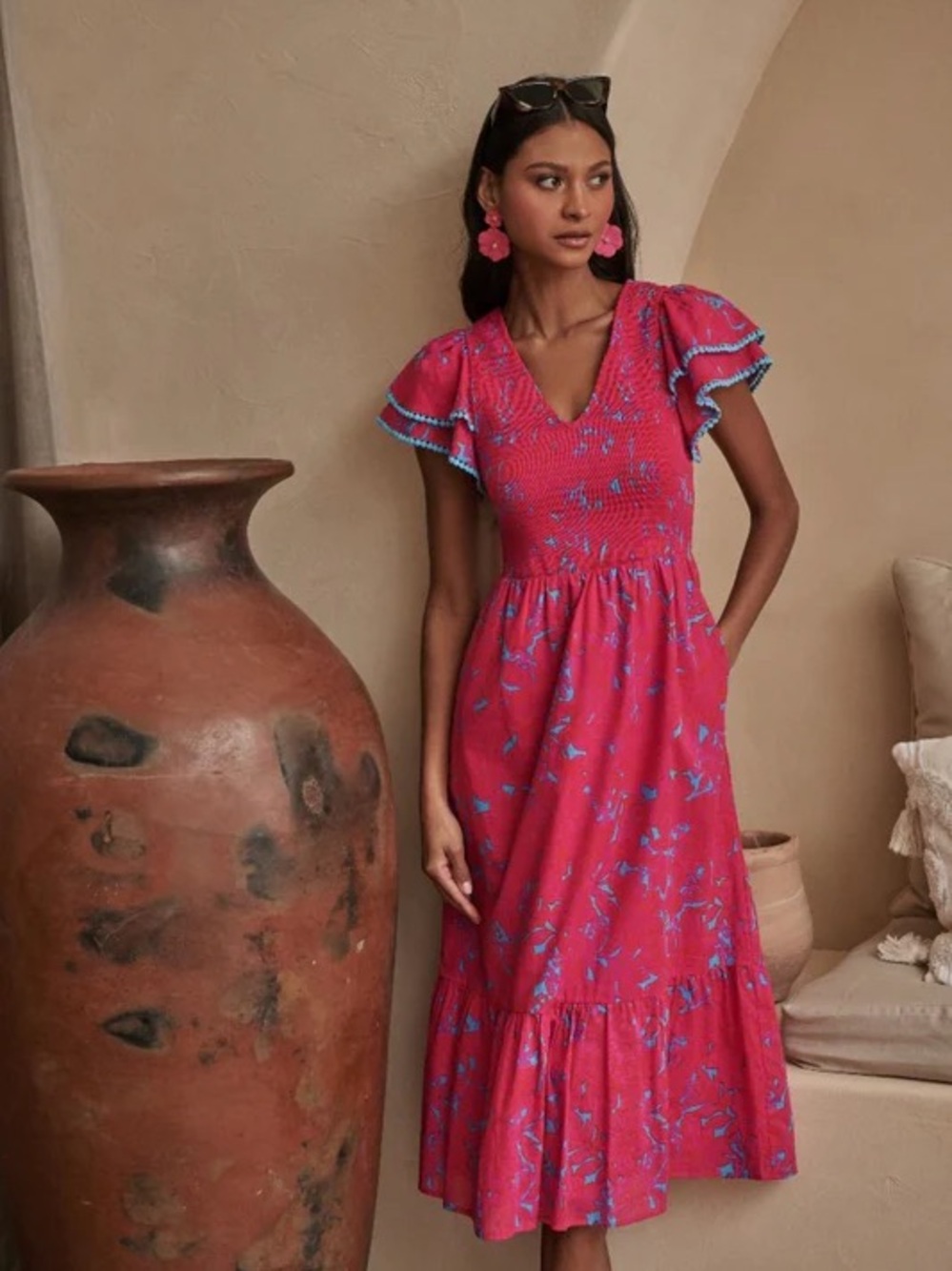 Delina Floral Patte Tiered Midi Dress- Pink/Blue